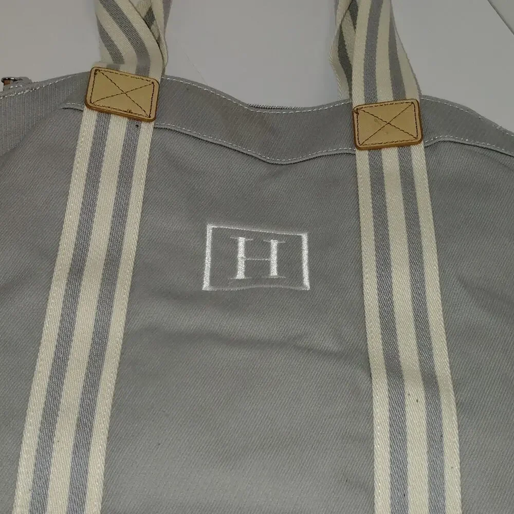 Pottery Barn Kids Classic Diaper Tote Bag Grey White Tan Changing Pad Monogram H